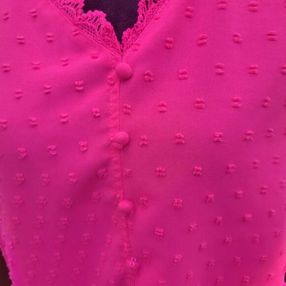 Women's Hot Pink Swiss Dot Lace V-Neck Short Sleeve Blouse Tops Size Large - Picture 5 of 15